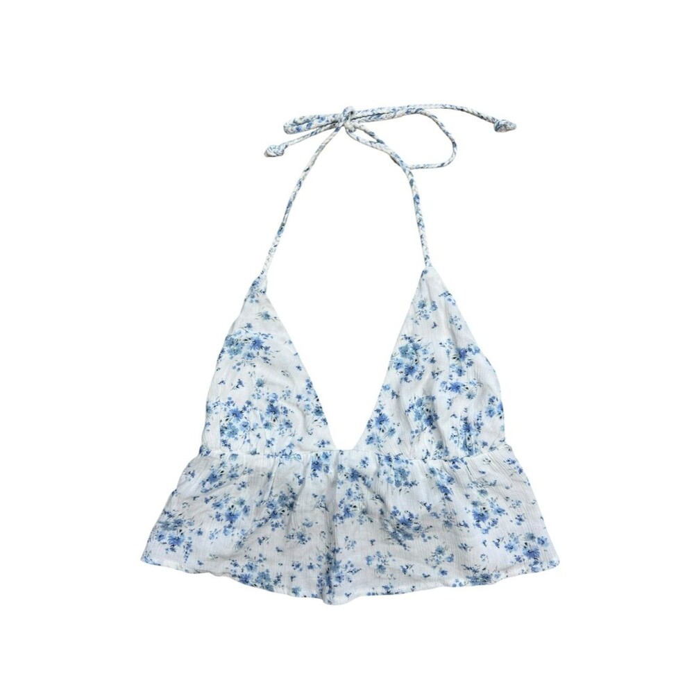 Garage White and Blue Floral Halter Crop Top Size XS
